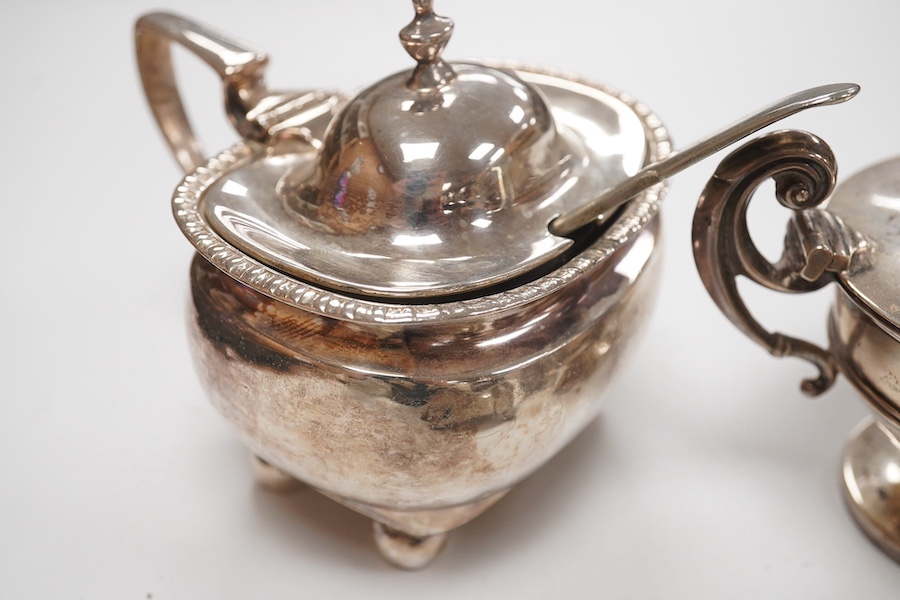 A George II provincial silver sauceboat, John Langlands I, Newcastle, 1751, a.f. and five assorted silver condiments including a George II silver pepperette, London, 1750, 11.2cm. Condition - poor to fair